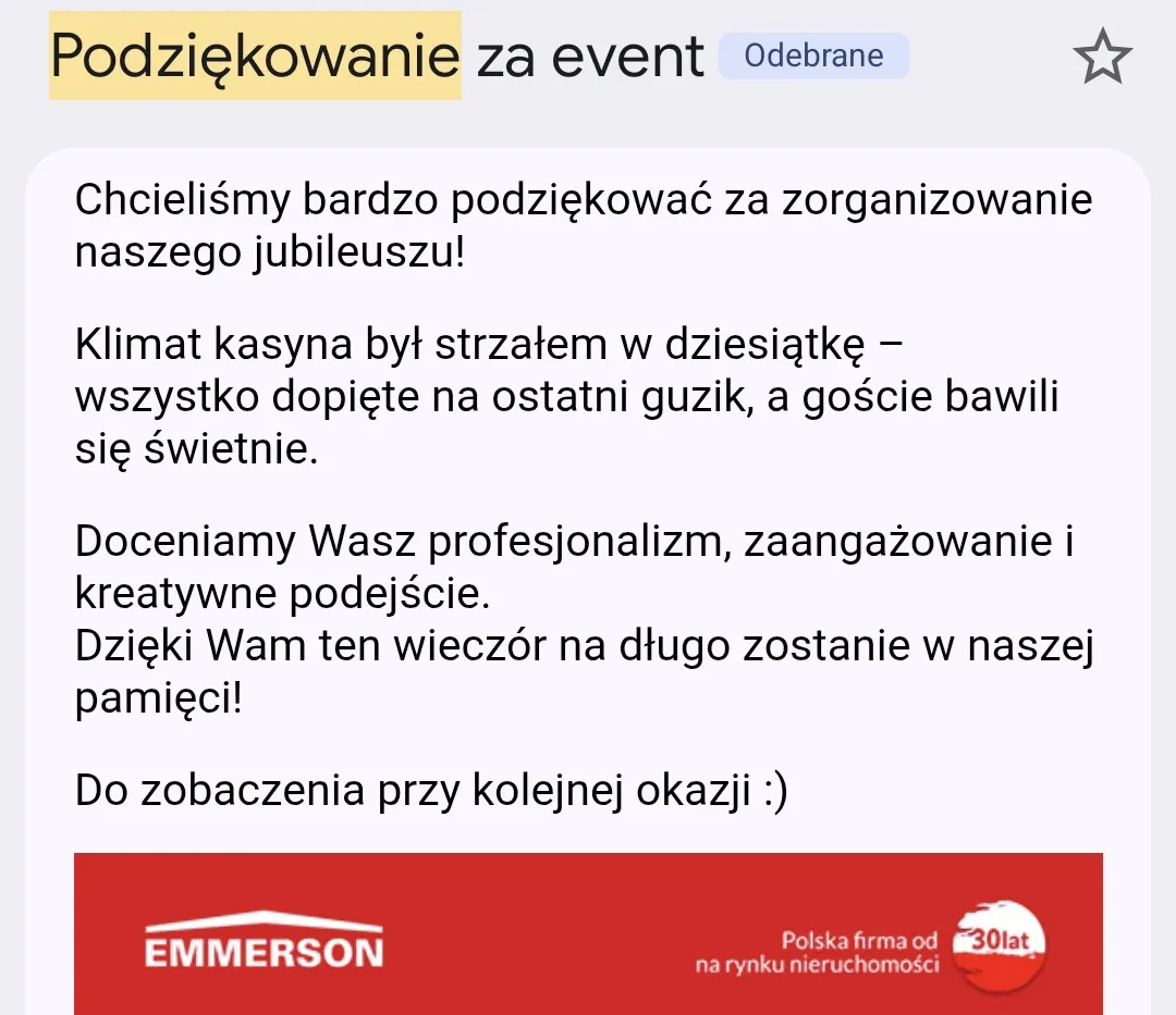 Pozytywna opinia firmy o Granda Event Planner – recenzja 1